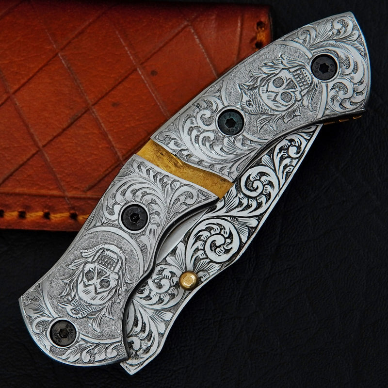 Skull Print Hand Engraved Finger Indented Needle Point Pocket Knife